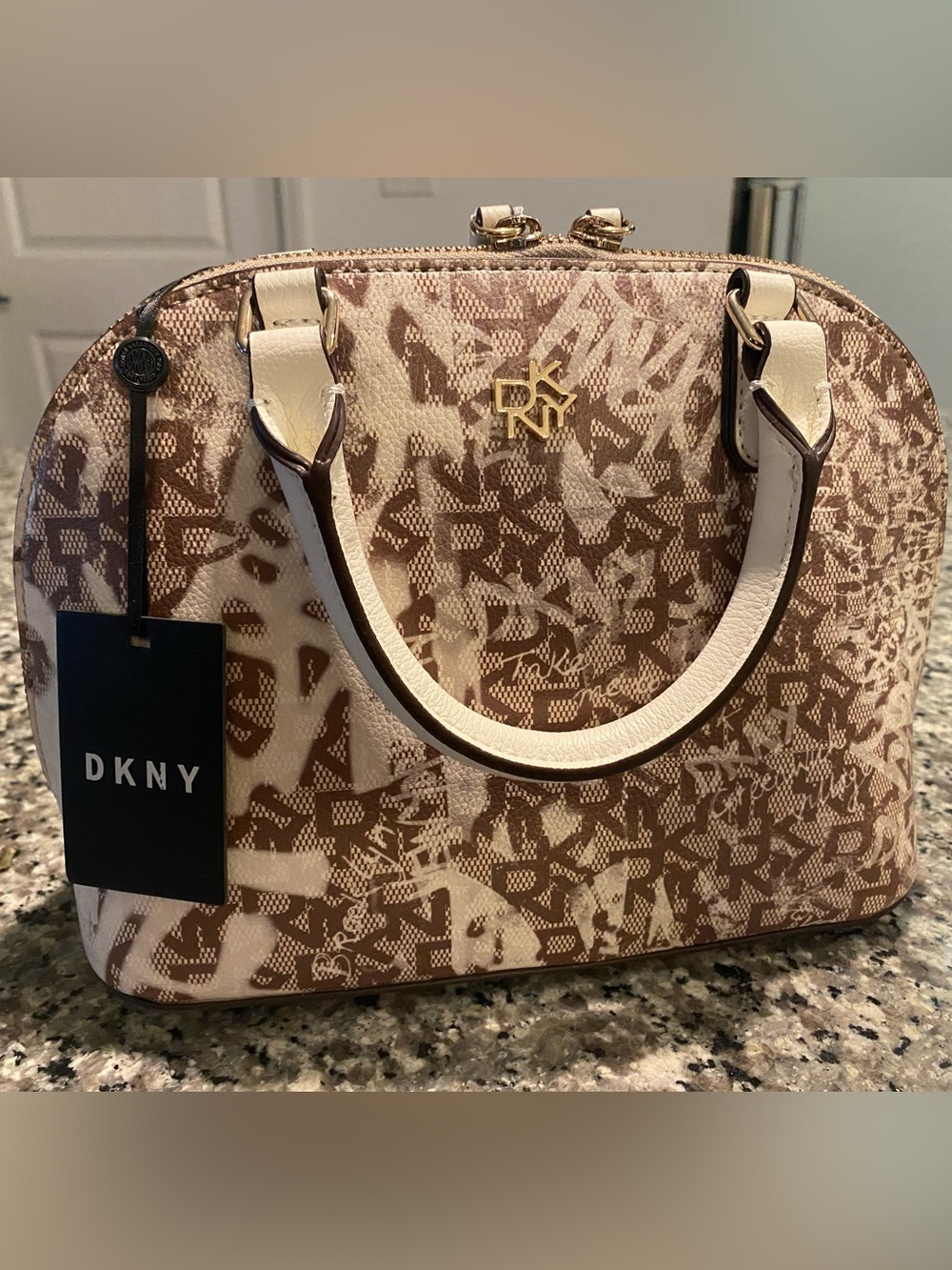 DKNY Beige and Brown Logo Satchel